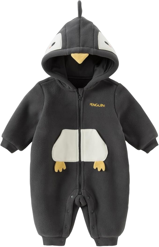DAVE&BELLA Animal Jumpsuit for Baby Boy Girl, Hooded Winter One-Piece Romper Zip Up Fleece Infant Bodysuit with Snap Closure