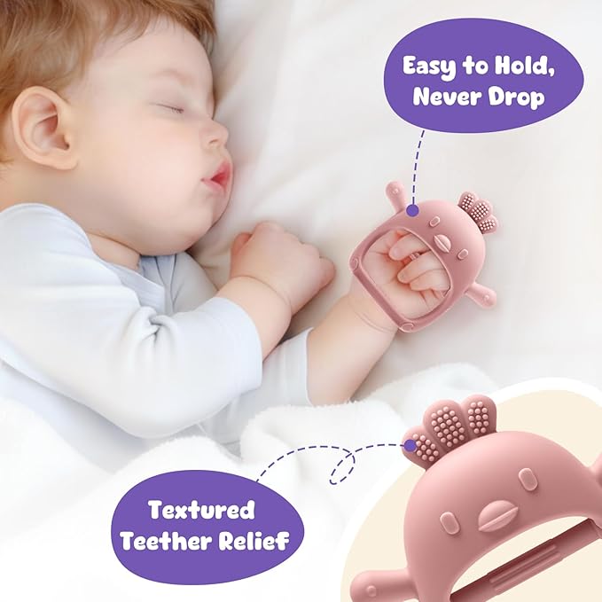 2 Packs Baby Teething Toy for 3-6 6-12 Months, Teether Mitten & Silicone Rudder with Wooden Ring, Food Grade Silicone, BPA-Free, Baby Chew Toys for Sucking Needs