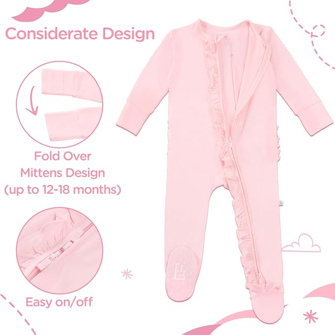 Footie Two-Way Ruffled Zip Mitten Cuffs One-Piece Sleep Play Rompers