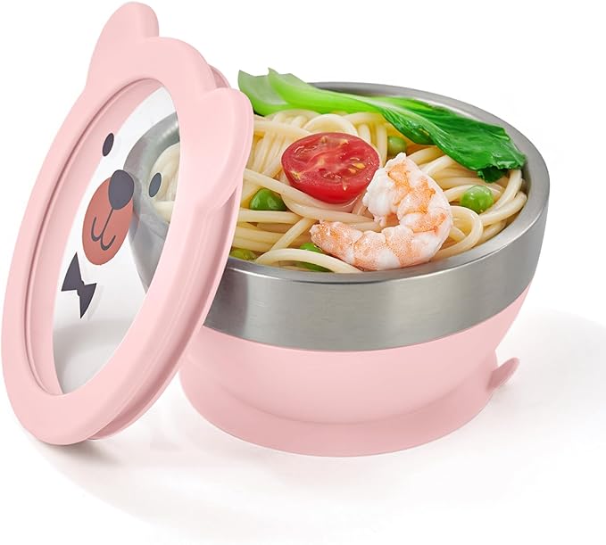 Suction Bowl and Spoon Set for Babies and Toddlers Non-Slip Silicone Suction Cups, Advanced 304 Stainless Steel Bowls, Double-Layer Insulation, and BPA-Free Lids Food-Grade Safety PINK