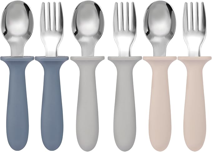 Toddler Forks and Spoons Set, 6 Pack Kids Silverware with Silicone Hand, 18/8 Stainless Steel Children Safe Toddler Utensils, BPA Free, Dishwasher Safe