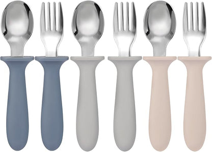 Toddler Forks and Spoons Set, 6 Pack Kids Silverware with Silicone Hand, 18/8 Stainless Steel Children Safe Toddler Utensils, BPA Free, Dishwasher Safe