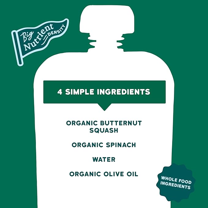 Serenity Kids 6+ Months Veggie Puree Baby Food Pouches - USDA Organic BPA-Free Allergen-Free Pouches - No Added Sugar Toddler Snack - Spinach & Squash Baby Puree - 3.5 Oz, Pack of 6