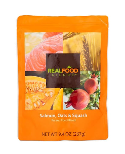 Real Food Blends Salmon, Oats & Squash - Pureed Food Meals for Tube Feeding with Protein, Vegetables & Fruits - 330 Calories for Lunch & Dinner - 9.4 oz (Pack of 12)
