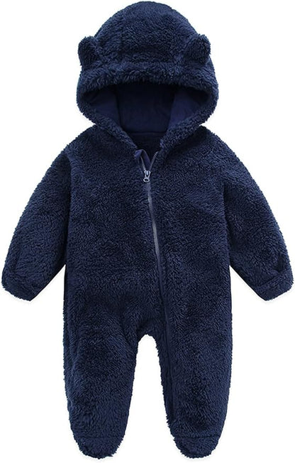 Baby Furry Jumpsuit Infant Bear Onesies Zipper Long Sleeve One-Piece Romper Hoodie Baby Outwear Snowsuit