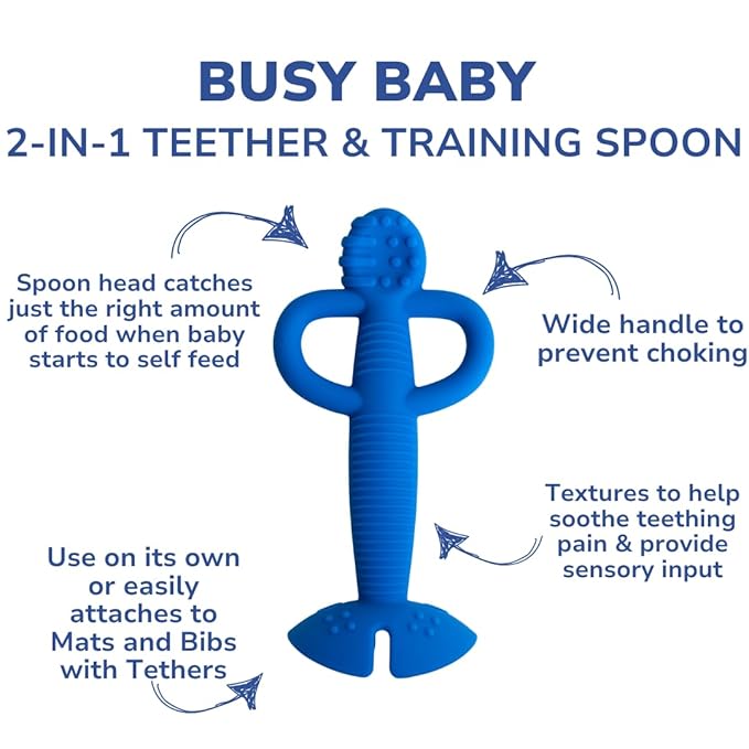 Busy Baby Teething Spoon - 2-in-1 Teether and Training Spoon for Self Feeding, Dishwasher Safe, BPA Free, Food Grade Silicone (Blue)