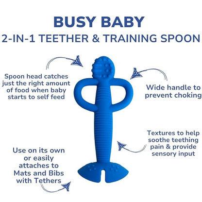 Busy Baby Teething Spoon - 2-in-1 Teether and Training Spoon for Self Feeding, Dishwasher Safe, BPA Free, Food Grade Silicone (Blue)
