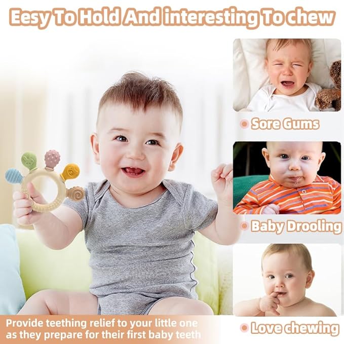 Silicone Teether for Babies 2-Pack – Soft & Easy Grip Teething Toys for Infants & Toddlers – 100% Food Grade Silicone, CPC Certified, BPA-Free Gum Soothers (Palm Teether/Colorful & Green)