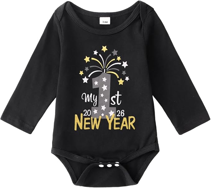 My First New Years Baby Boy Girl Outfit Newborn Long Sleeve Romper Infant Onesie Firework Print Bodysuit Clothes