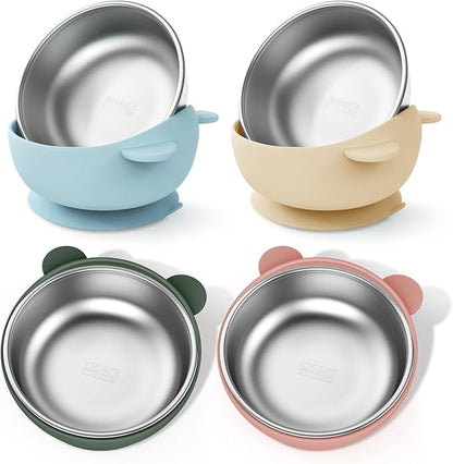 Stainless Steel Baby Bowls with Suction, 2-in-1 SUS304 Toddlers Bowl & Removable Silicone Suction Kids Bowl, Anti Scald Non Toxic Snack Container for Baby Food Feeding, Morandi Set of 4