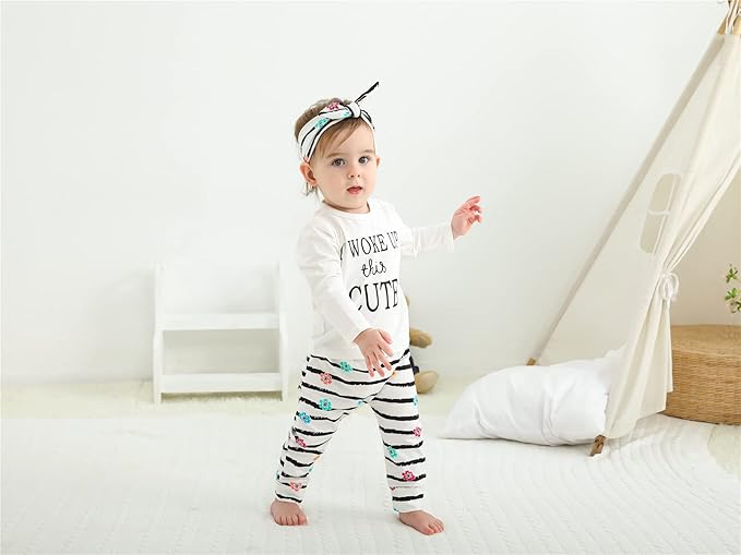 KuKitty 3Pcs Baby Girl Outfits Set Long Sleeve T-Shirt Tops Flowers Pants with Headband