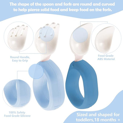 Baby Self Feeding Training Spoon and Fork Set with Travel Case, BPA-Free Cute Circle Toddler Training Utensils, Silicone/ABS Great Tableware Set Spoons Fork for Kids(Blue & Light blue)