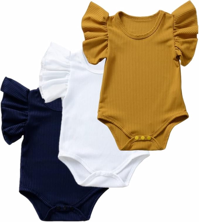 Baby Girls' Short-Sleeve Bodysuit Funny Ruffles Flower Jumpsuit Outfit for Infant Toddlers 3-Pack