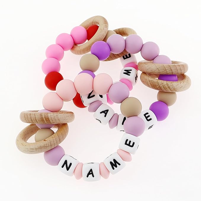 Personalized Baby Gift-Teether Ring With Name,Custom Teether Rattle For Boys Girls, Silicon Teething Wooden Ring