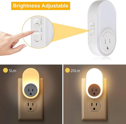 Dawnrise Night Lights Plug Into Wall,Dusk to Dawn Sensor Night Light with Power Outlet,CCT 2200K/4000K,5/20LM Adjustable Brightness for Bedroom,Kitchen,Living Room,Office (4 PK)