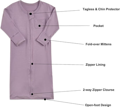 Aablexema Baby Nightgowns Rayon of Bamboo, 2Pcs Newborn Sleeper Gown with 2-way Zipper, Flip Mittens & Foot Cover