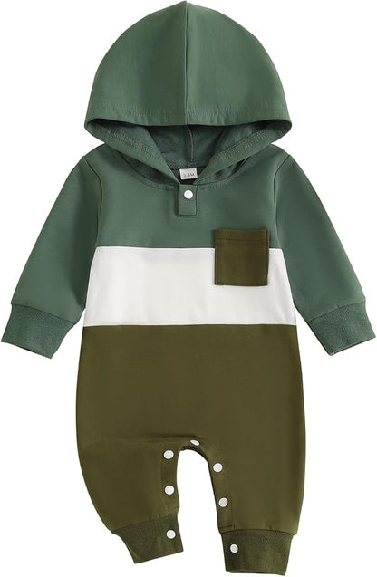 BemeyourBBs Newborn Baby Boy Clothes Color Block Long Sleeve Zipper Hooded Romper with Pocket Fall Winter One Piece Outfits