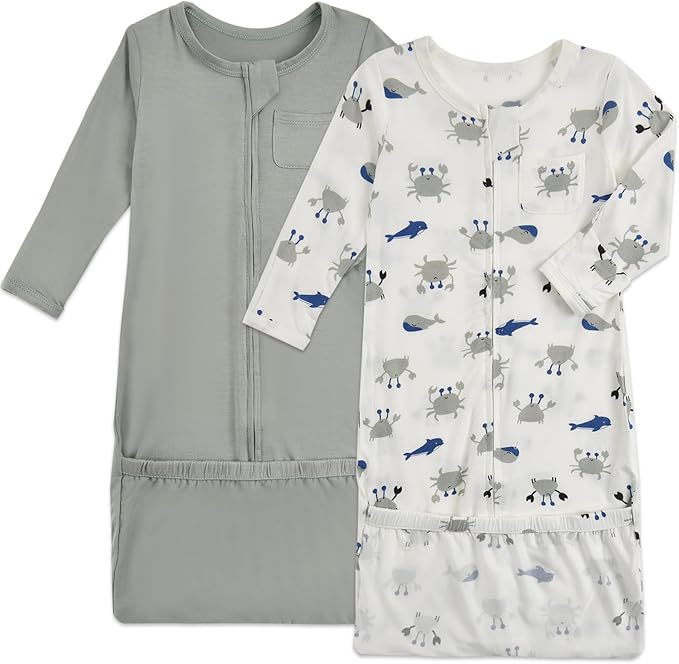 Aablexema Baby Nightgowns Rayon of Bamboo, 2Pcs Newborn Sleeper Gown with 2-way Zipper, Flip Mittens & Foot Cover