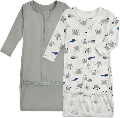 Aablexema Baby Nightgowns Rayon of Bamboo, 2Pcs Newborn Sleeper Gown with 2-way Zipper, Flip Mittens & Foot Cover