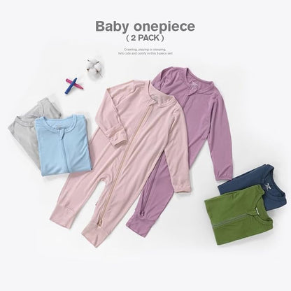 Teach Leanbh Baby Boys Girls 2 Pack Bamboo Viscose Pajamas with Mitten Cuffs 2 Way Zipper Long Sleeve Romper Sleep and Play