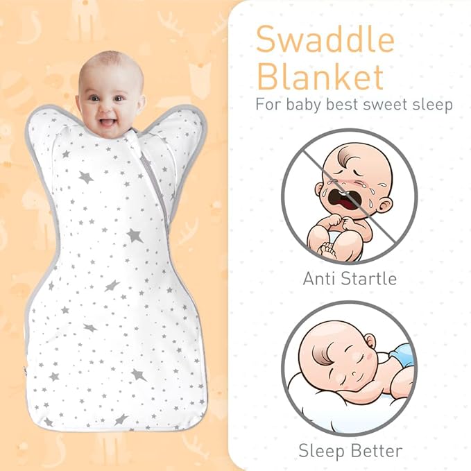 3-Way Wearable Swaddle Blankets Sleep Sacks with Arms Up, Hands Up Sleeping Sack Easy Diaper Changing Sleeping Bag for Baby Boy Girl Newborns Transitions to Arms-Free Calms Startle Reflex