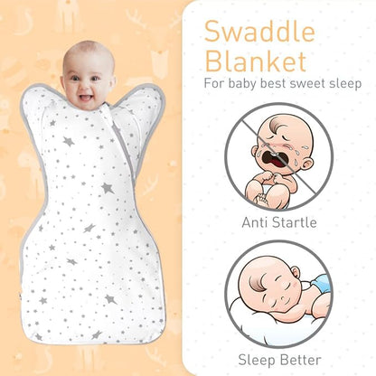 3-Way Wearable Swaddle Blankets Sleep Sacks with Arms Up, Hands Up Sleeping Sack Easy Diaper Changing Sleeping Bag for Baby Boy Girl Newborns Transitions to Arms-Free Calms Startle Reflex