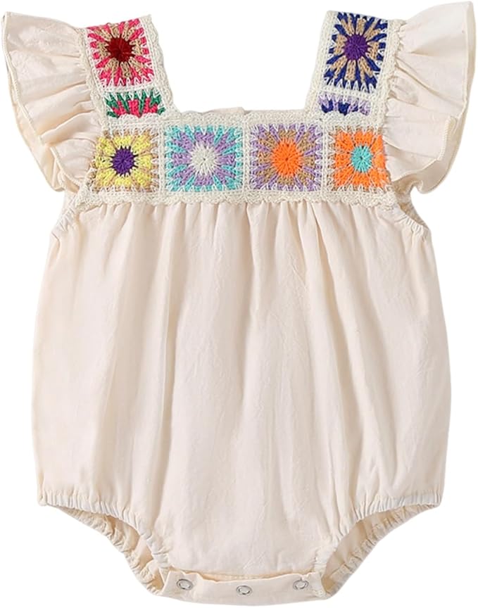 Baby Girl Romper Fall Clothes Ruffle Sleeveless Onesie Crochet Floral Bubble Romper Infant Bodysuit Boho Outfit