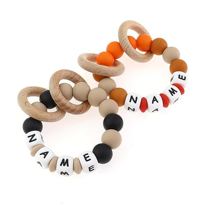 Personalized Baby Gift-Teether Ring With Name,Custom Teether Rattle For Boys Girls, Silicon Teething Wooden Ring