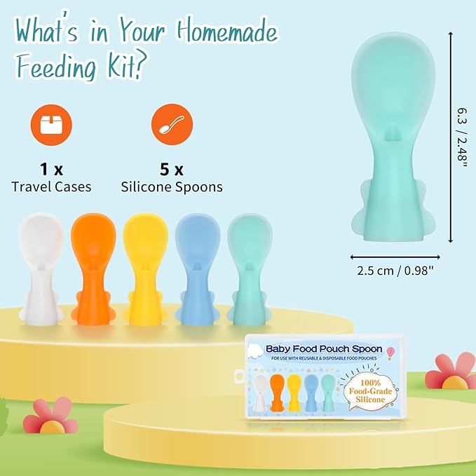 Infant Feeding Essentials & Baby Food Pouches Attachable Toppers: Seamless, Non-Drip Spoons for Baby's Diet, Compatible with Assorted Pouch Forms, Perfect for Infants 3+ Months, Pack of 5
