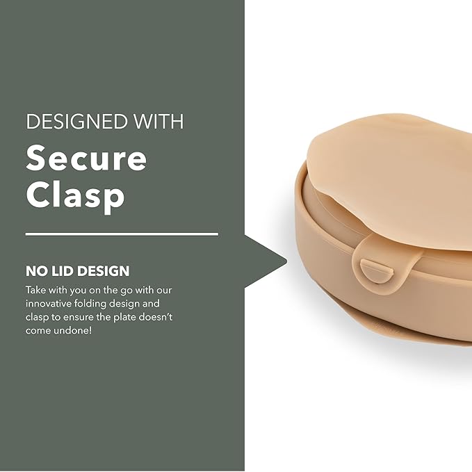 Miniware Baby Travel Plate with Suction - Foldable Silicone Baby Travel Essential to Promote Self-Feeding - Dishwasher Safe, BPA Free, Silicone Baby Plate for On The Go - Almond Butter Silifold