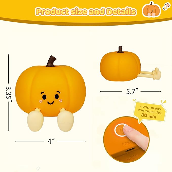 Night Light for Kids, Rechargeable Dimmable Silicone LED Nightlight, Baby Nursery Night Lamp, Touch Squishy Lamp, Halloween Gifts for Girls, Boys, Toddler Room Decor, Pumpkin