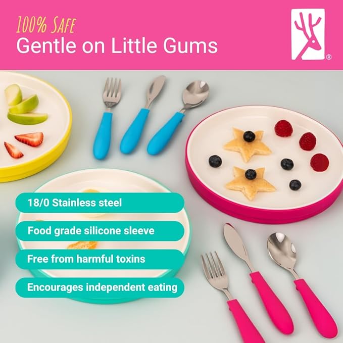 Elk and Friends Kids Silverware with Silicone Handle | Childrens Safe Flatware | Kids Utensils | Spoon + Fork + Knife set | 4 years+ | 6 Pieces