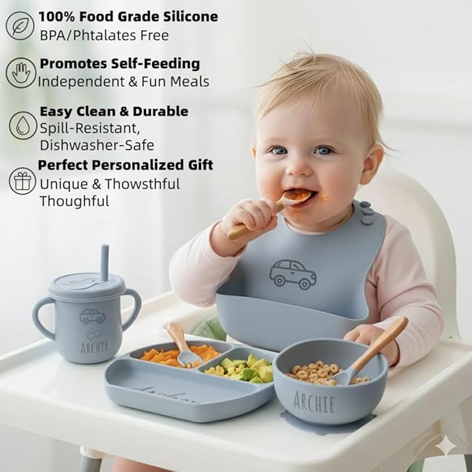 Personalized Name Food Grade 6pcs Baby Feeding Set with Spoon, Fork,Silicone Suction Bowls,Cup,Plate,and bib BPA Free - First Stage Self Feed (Color Dark Gray Y10)