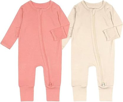Teach Leanbh Baby Boys Girls 2 Pack Bamboo Viscose Pajamas with Mitten Cuffs 2 Way Zipper Long Sleeve Romper Sleep and Play