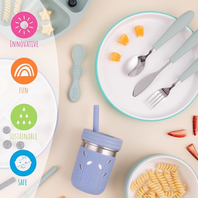 Elk and Friends Kids 7.8” Porcelain White Plates with Silicone Sleeves + Lids | Suitable for Babies/Toddlers | Microwave & Dishwasher Safe | Non Slip Dinnerware | Snack Dishes | 4 Pack