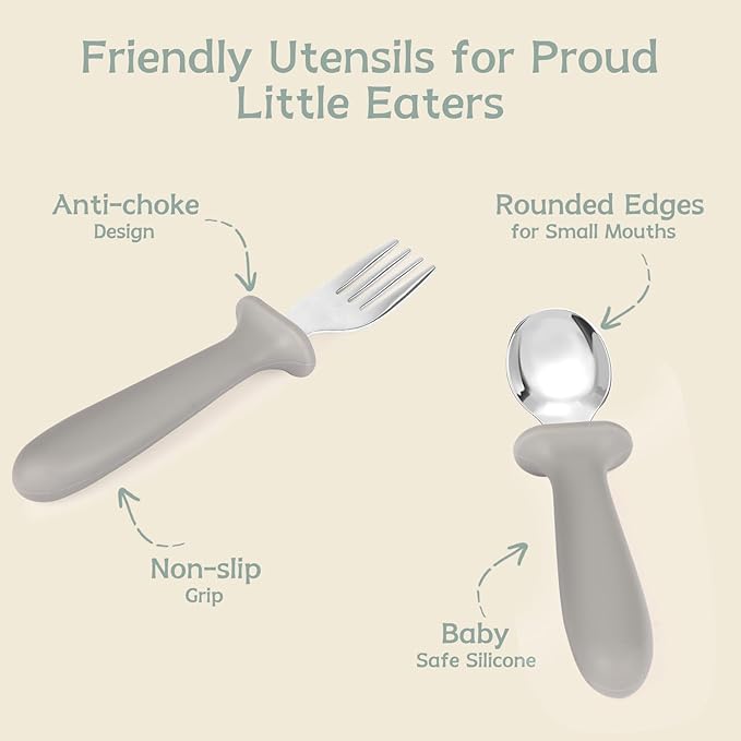 Toddler Forks and Spoons Set, 6 Pack Kids Silverware with Silicone Hand, 18/8 Stainless Steel Children Safe Toddler Utensils, BPA Free, Dishwasher Safe