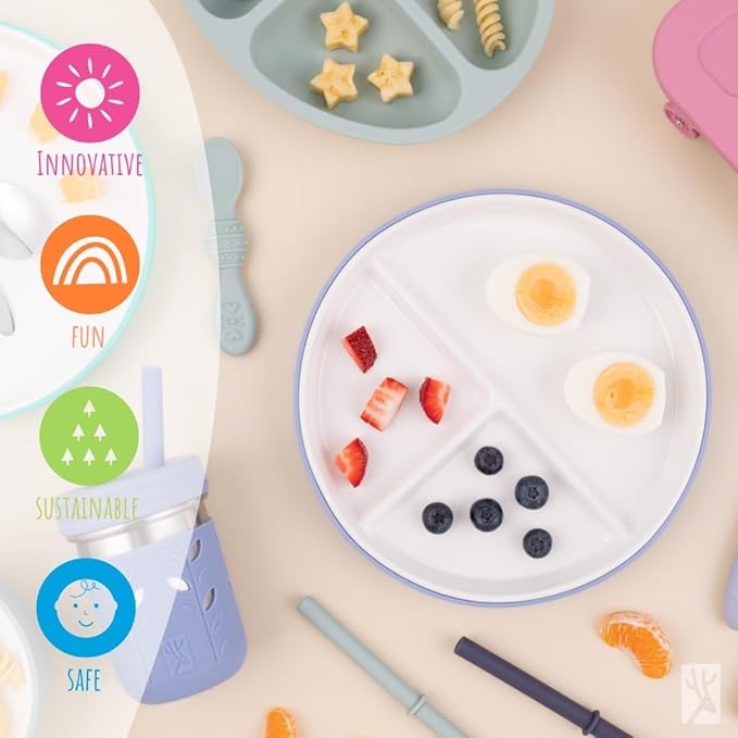 Elk and Friends Kids 7.8” Porcelain White Plates with Silicone Sleeves + Lids | Divided Plates | Suitable for Kids/Toddlers | Microwave & Dishwasher Safe | Non Slip | Snack Dishes…