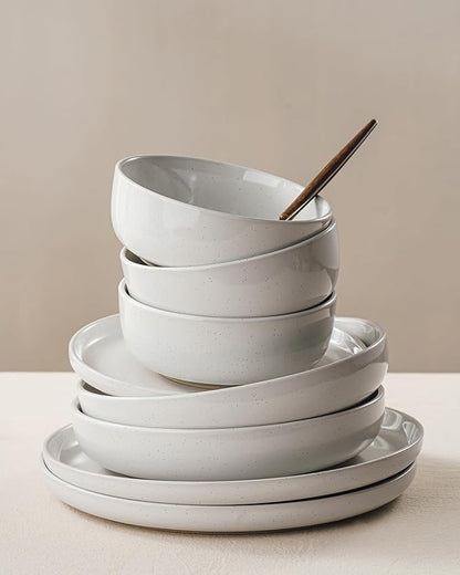 Famiware Milkyway Stoneware Dinnerware Sets with Pasta Bowls, Service for 6 (24 Pieces), Plates and Bowls Sets -Scratch Resistant, Microwave and Dishwasher Safe Dishes Set, White