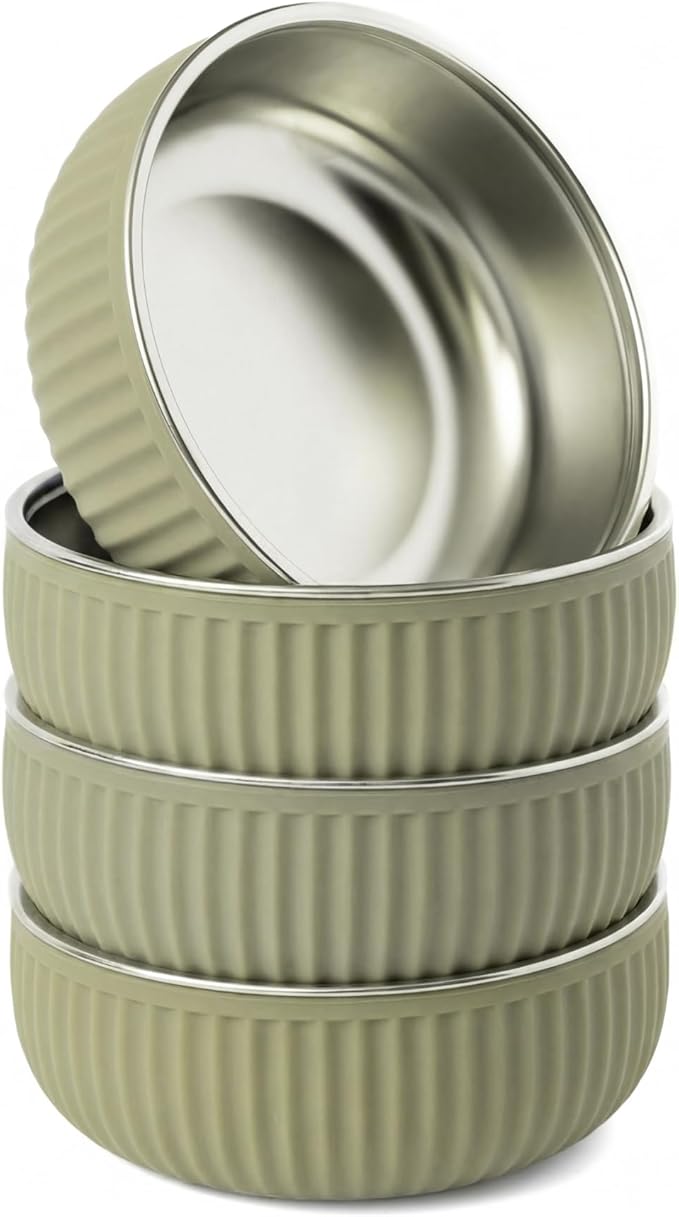 Monkey Proof™ Non-Toxic Stainless Steel Child Bowl 5” with Non-Slip Grooved Silicone Shell, (Set of 4 bowls) Unbreakable, Mess Free Feeding for Babies, Toddlers, Kids, BPA free (Olive Green Grooved)