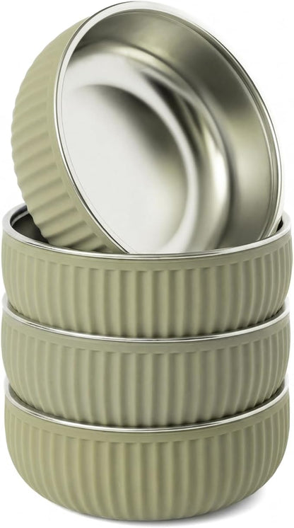 Monkey Proof™ Non-Toxic Stainless Steel Child Bowl 5” with Non-Slip Grooved Silicone Shell, (Set of 4 bowls) Unbreakable, Mess Free Feeding for Babies, Toddlers, Kids, BPA free (Olive Green Grooved)
