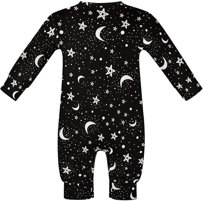 Black White Moon And Star Pattern Baby Romper Long Sleeve Onesie Button Jumpsuit Baby Clothes Unisex