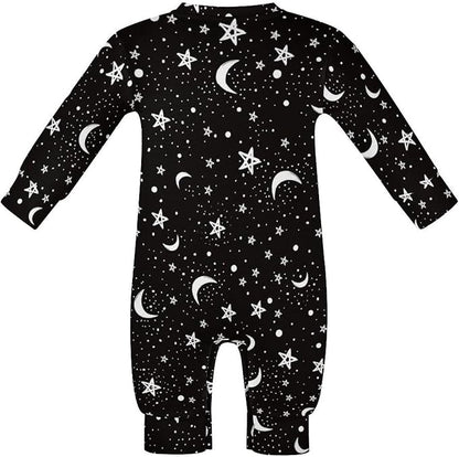 Black White Moon And Star Pattern Baby Romper Long Sleeve Onesie Button Jumpsuit Baby Clothes Unisex