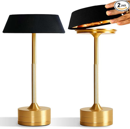 LED Cordless Table Lamp - Rechargeable Light for Home, Bedside, Kitchen - Small Dimmable Tap Lights - Battery Powered Touch Lamp for Desk Wireless - Black and Gold Lamp Shades, IP44, USB Type C Cable