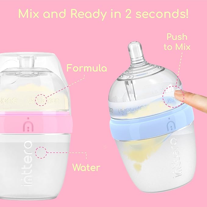 INTTERO Baby Bottles with Built-in Formula Dispenser, Anti-Colic Wide Neck Design for Newborn Feeding and Everyday Baby Essentials, 6 Oz Slow Flow (2 Pack), Stylish White