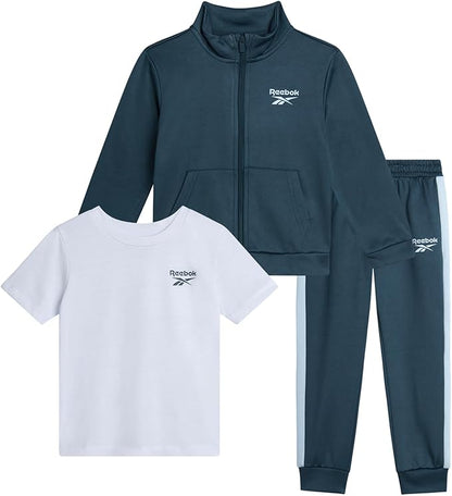 Reebok Baby Boy Pants Set - 3 Piece Tricot Fleece Jogger Pants Short Sleeve T Shirt & Track Jacket for Toddlers & Infants