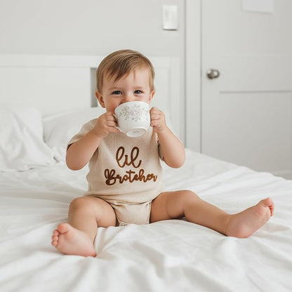 Little Brother Newborn Outfit Infant Baby Boy Lil Bro Shirt Bubble Romper Waffle Bodysuit Siblings Matching Clothes