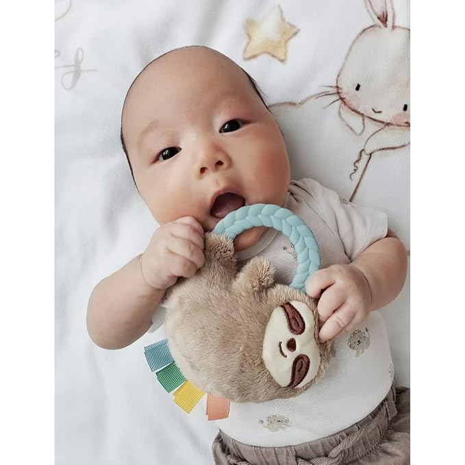 Itzy Ritzy - Ritzy Rattle Pal with Teether - Baby Teething Toy Features A Minky Plush Character, Gentle Rattle Sound & Soft Teether Toy for Newborn (Sloth)
