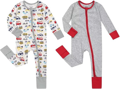 Teach Leanbh Unisex Baby 2 Pack Cotton Pajamas with Mittens and Feet Cuffs 2 Way Zipper Long Sleeve Romper Sleep and Play