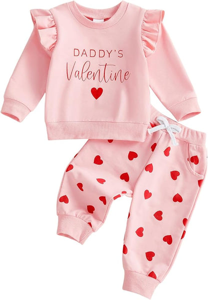 Dcohmch Daddys Valentine Baby Girl Outfit Letter Heart Print Long Sleeve Tops Shirt and Pants Toddler Spring Clothes