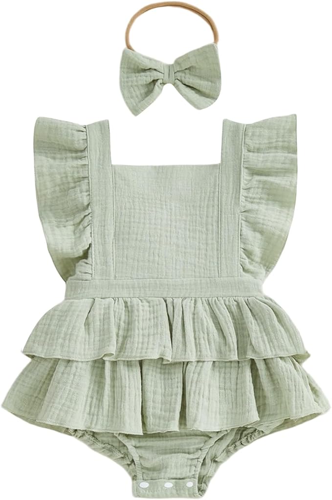 Thorn Tree Baby Girl Summer Clothes Newborn Outfit Ruffle Romper Infant Baby Dress Bow Headband Solid Cute Outfits Girls